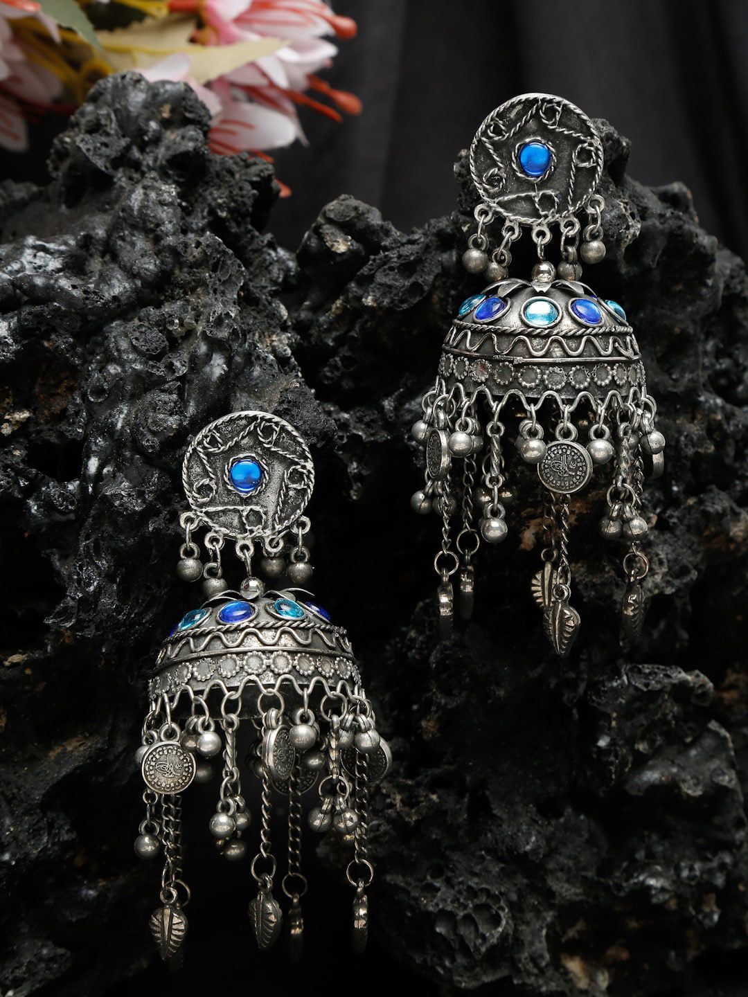 Traditional Indian Oxidized Jhumka Earrings | Blue Stone Artificial Jewelry