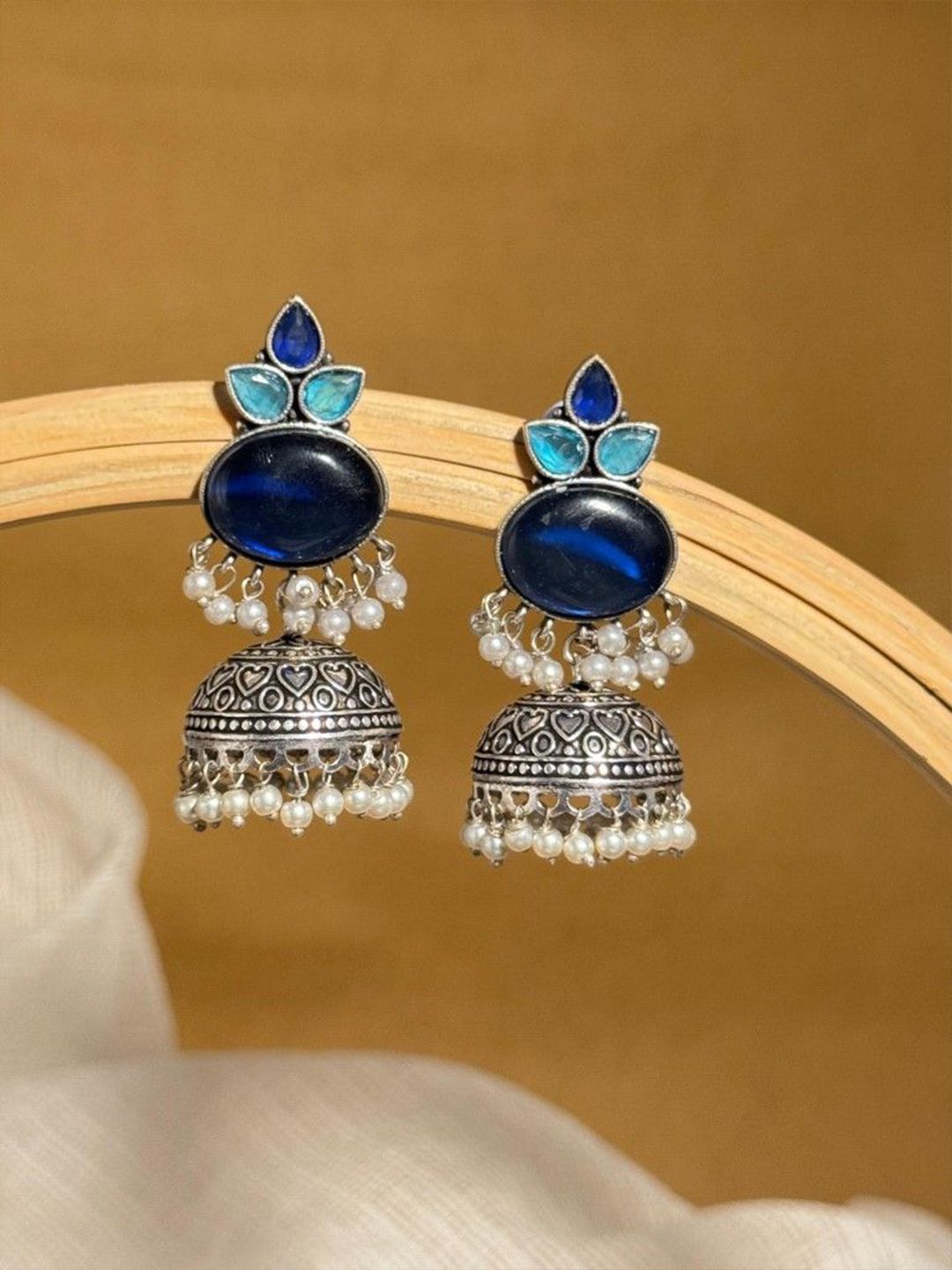 Traditional Oxidised Silver Artificial Jhumka Earrings with Blue Stones & Pearls