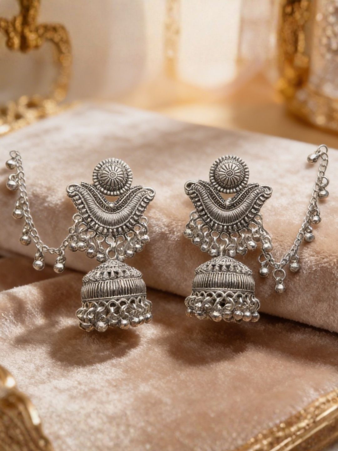 Traditional Oxidized Jhumkas with Chain | Artificial Silver Earrings