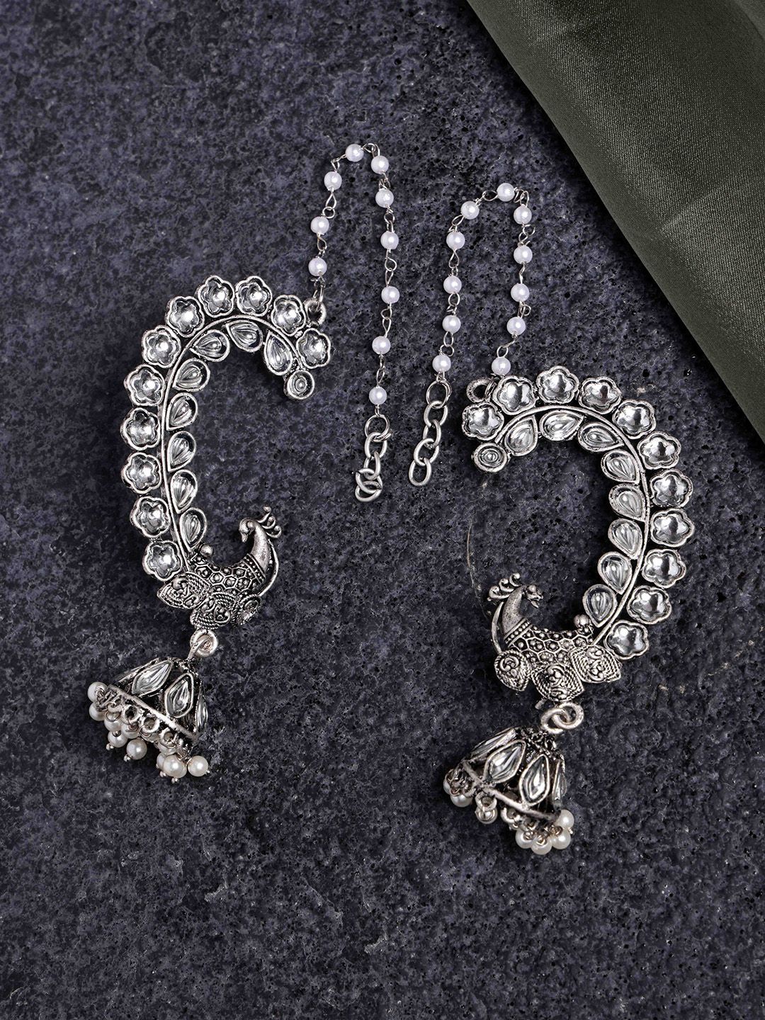 Traditional Oxidized Peacock Jhumka Earrings with Pearl Chain