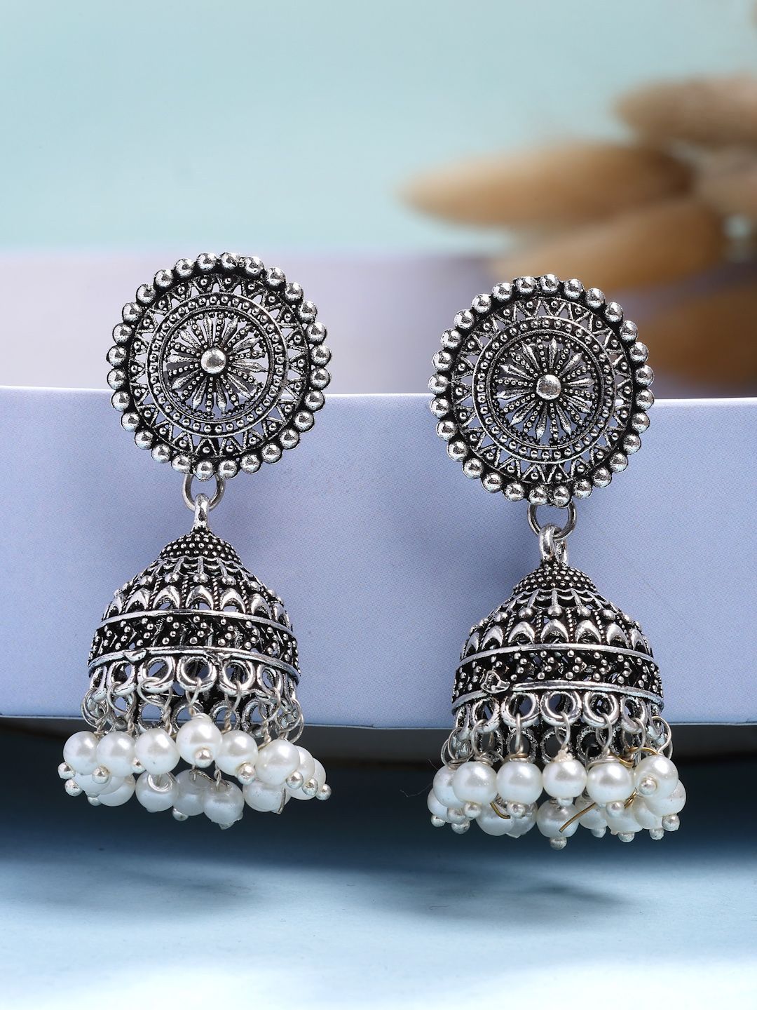 Traditional Oxidized Silver Jhumka Earrings with Pearls | Artificial Indian Jewelry