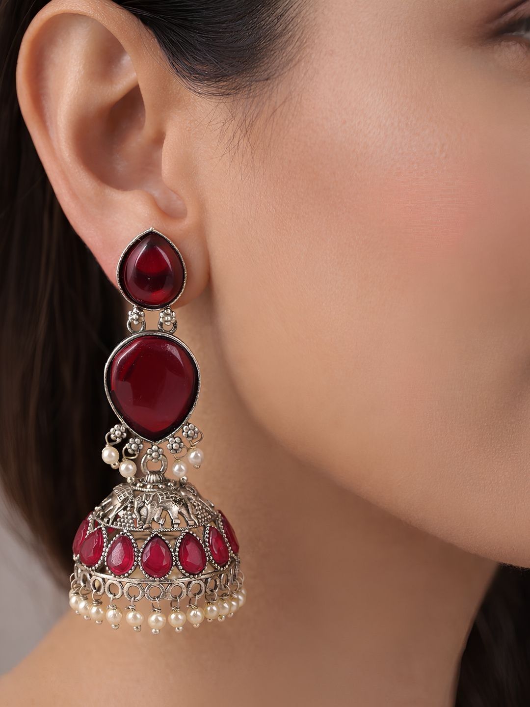 Traditional Ruby Red Oxidized Silver Jhumka Earrings