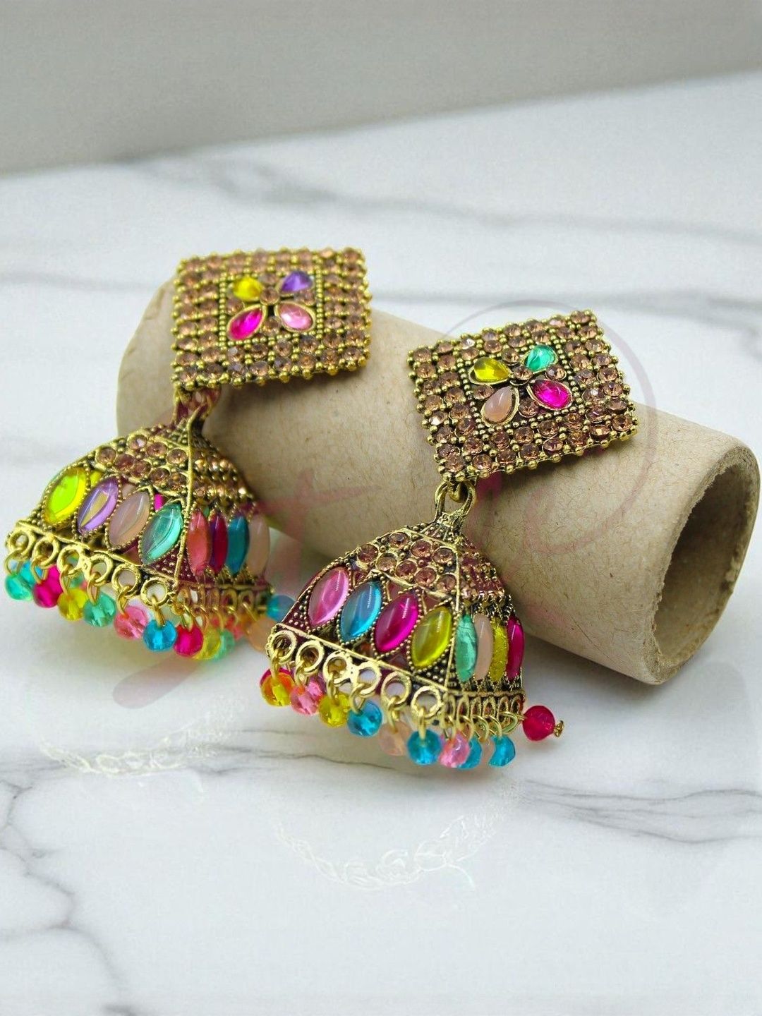 Vibrant Gold-Plated Jhumka Earrings | Traditional Indian Multicolor Stone Studded