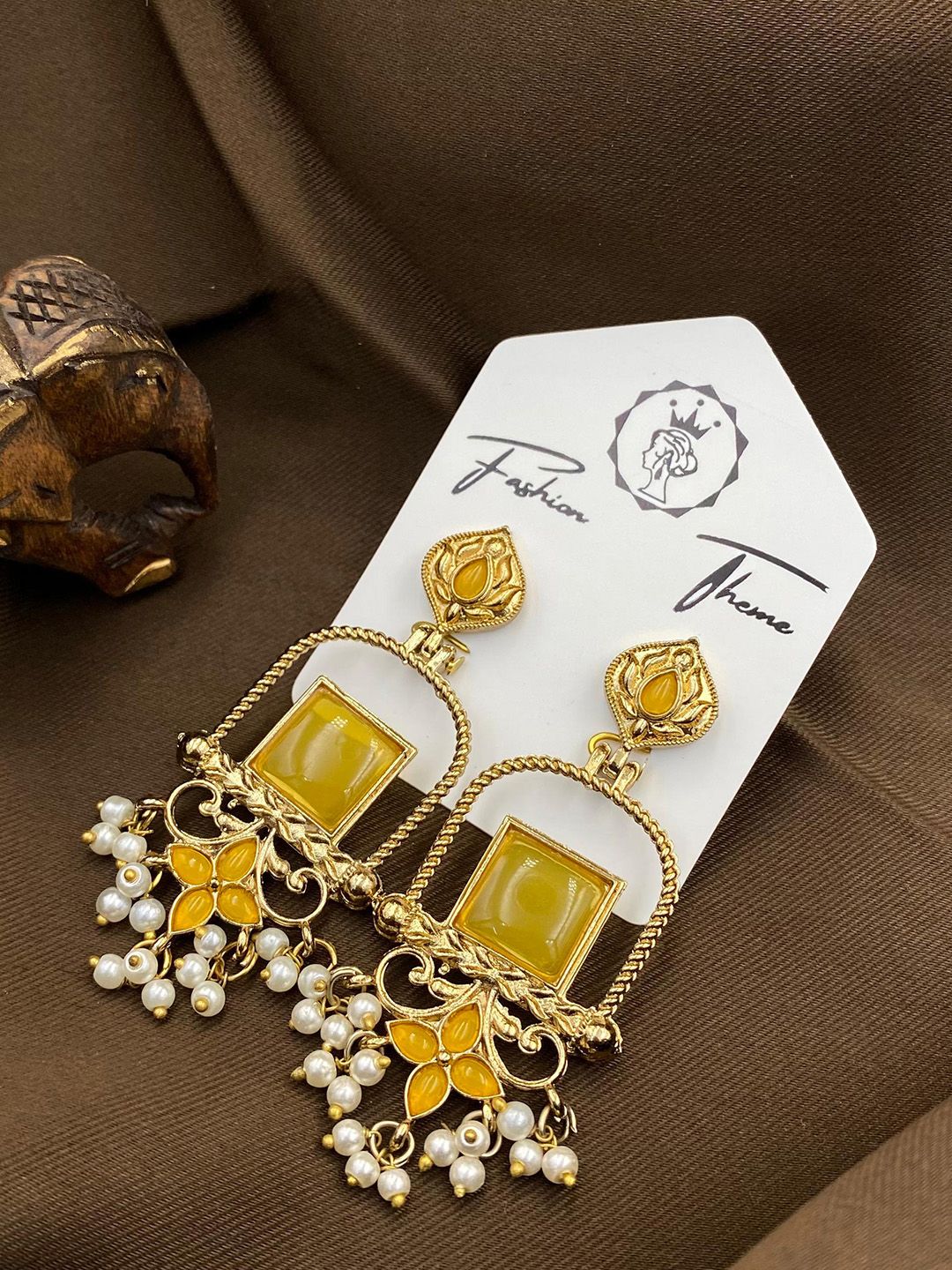 Vibrant Yellow Stone & Pearl Jhumka Earrings | Traditional Gold-Plated Indian Style