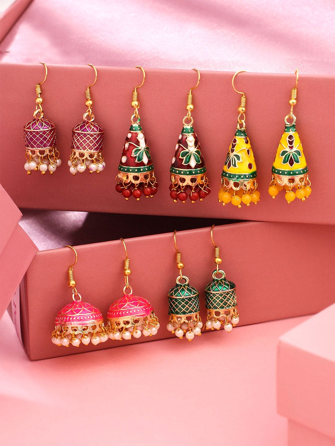 Yellow Chimes Gold Plated Meenakari Beaded Jhumka Set