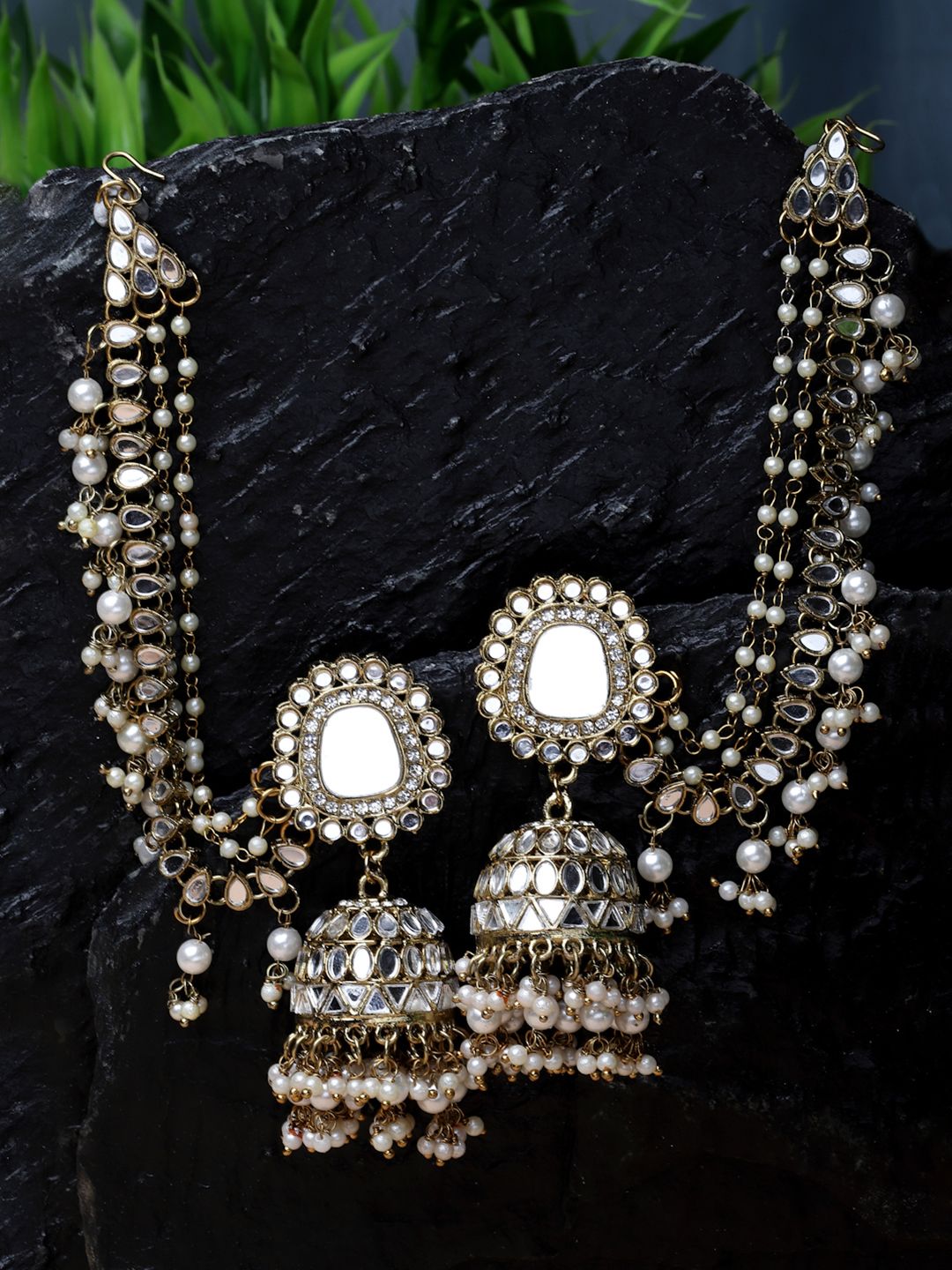 ZENEME Pearl Studded Gold Jhumka for Women with Chain