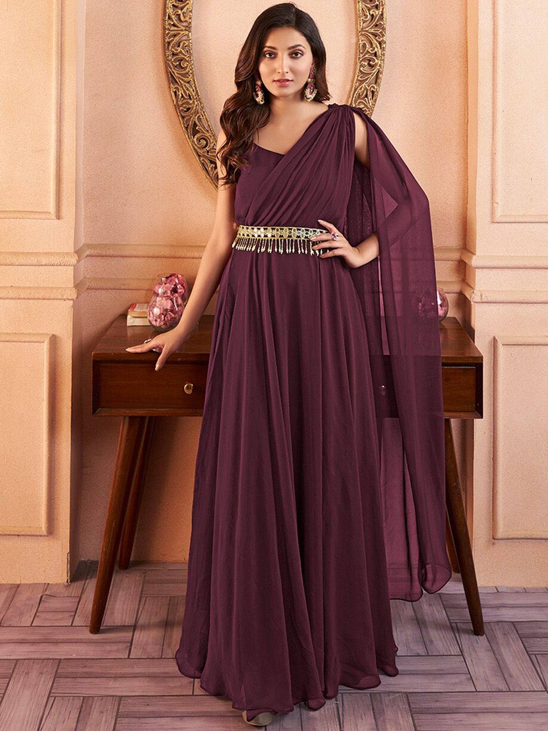 Flared Maxi Ethnic Dress with Embellished Belt