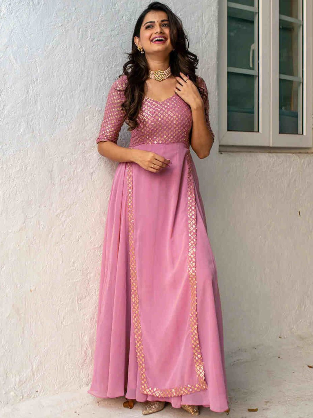 Georgette Maxi Ethnic Motifs Fit & Flare Dress