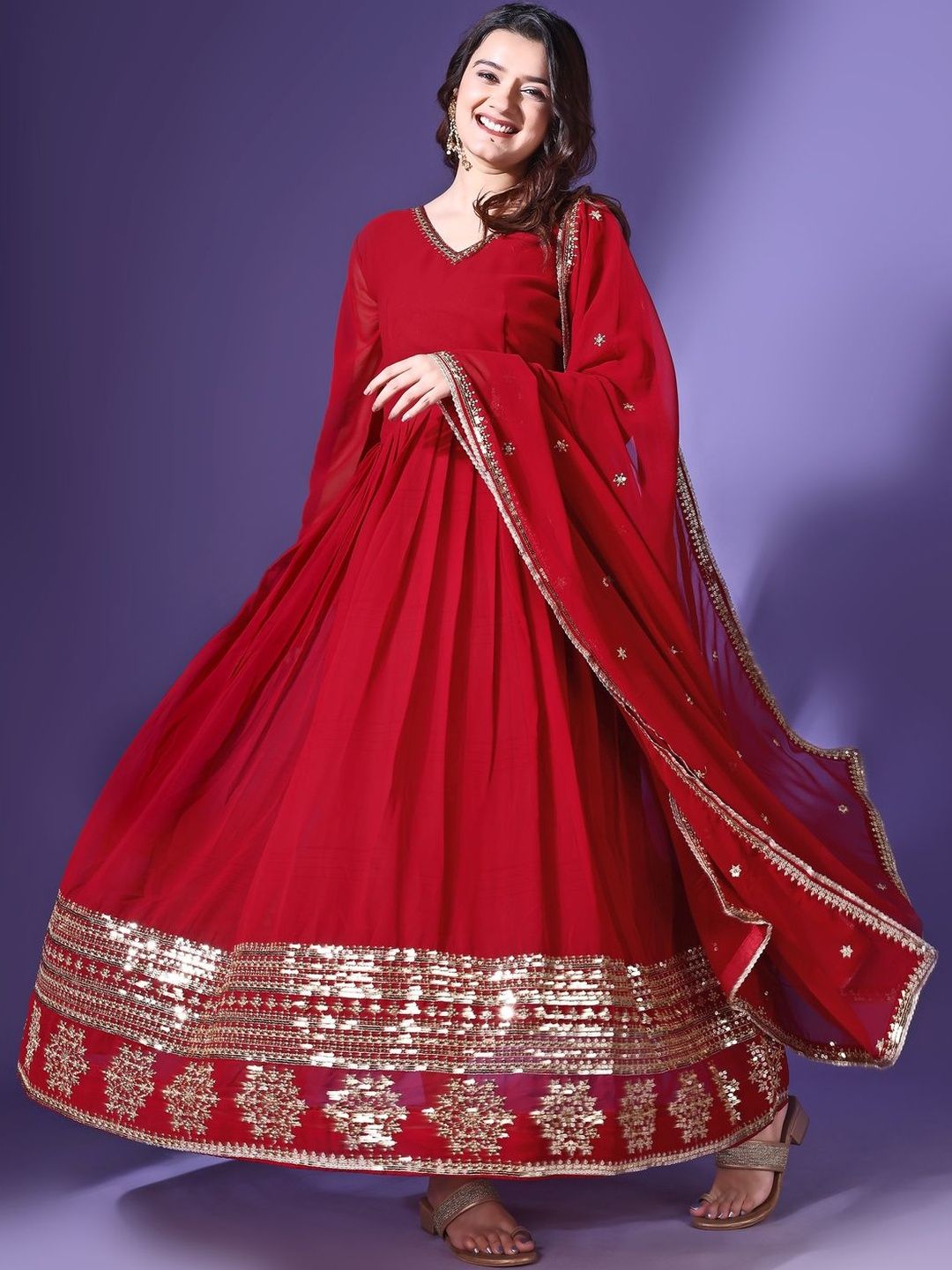 HERE&NOW V-Neck Embroidered Indo-Western & Ethnic Dress