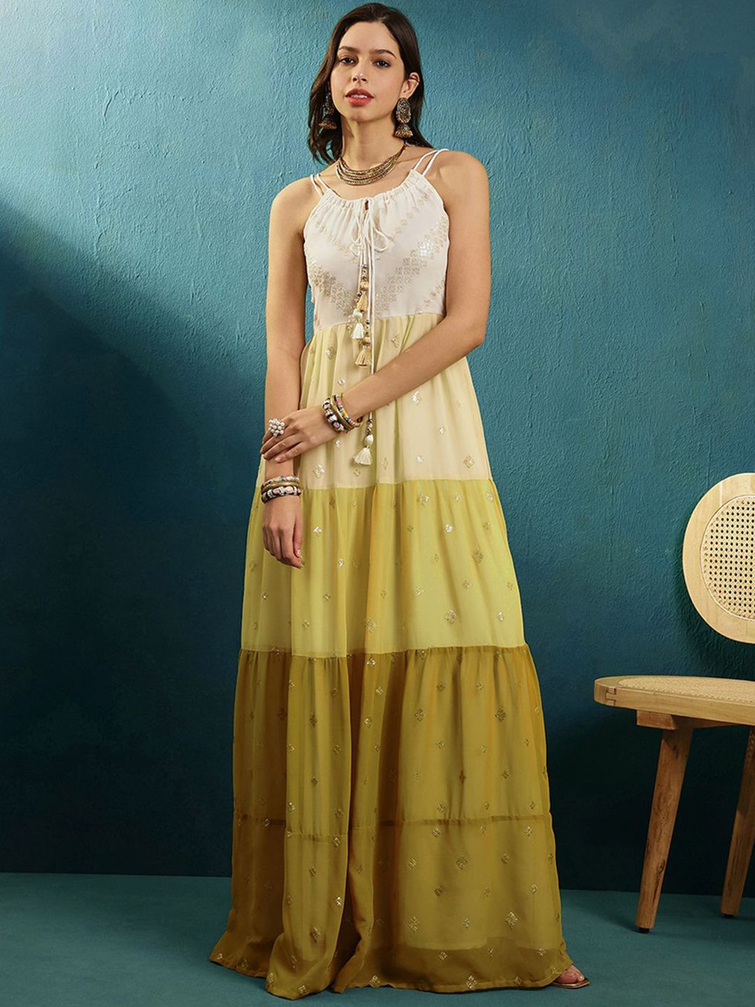 Kvsfab Embroidered Flared Maxi Indo-Western & Ethnic Dress for Women