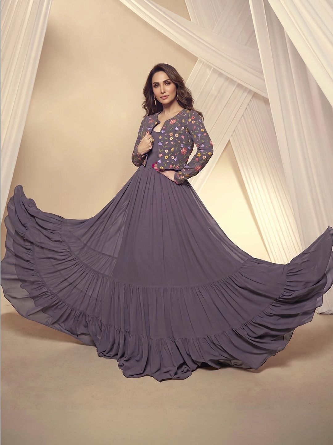 Maxi Ethnic Dress with Floral Embroidered Jacket
