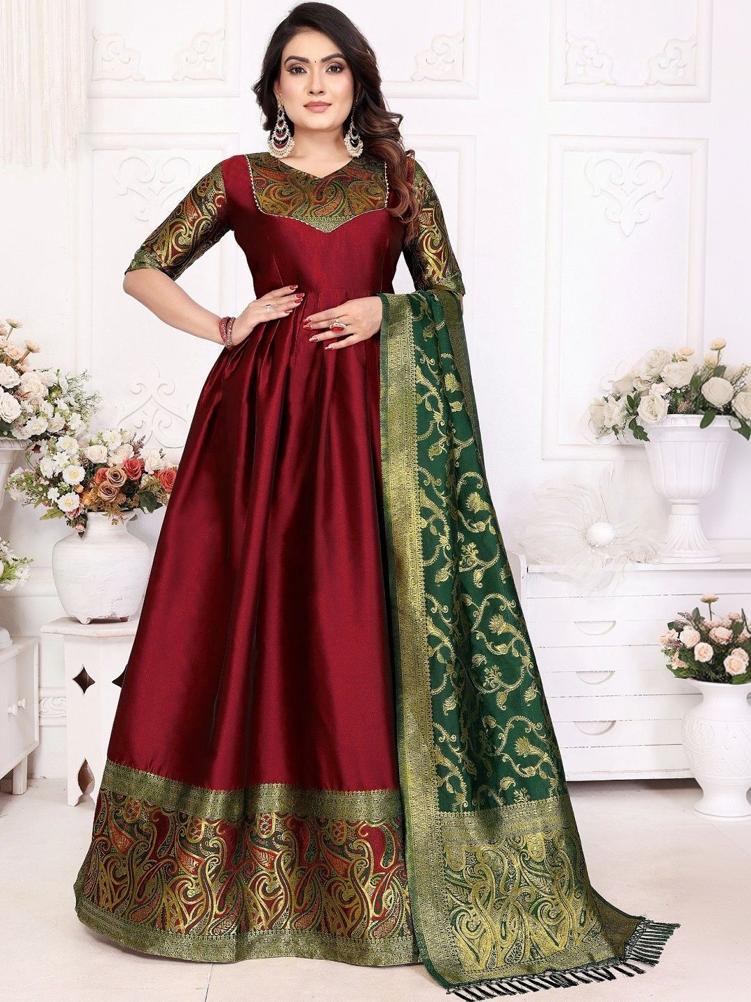 Woven V-Neck Fit & Flare Dress with Dupatta