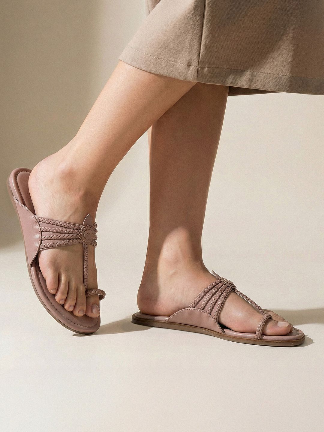 Blush Pink Braided Kolhapuri Chappals for Women | Shop Ethnic Flats