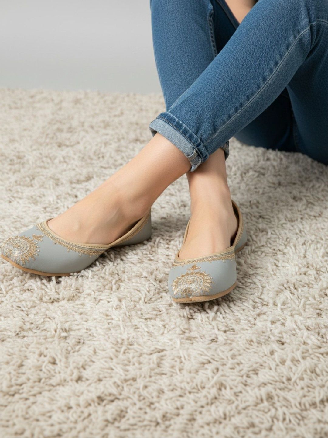 Chic Grey Embroidered Kolhapuri Chappals for Women | Indian Ethnic Flats
