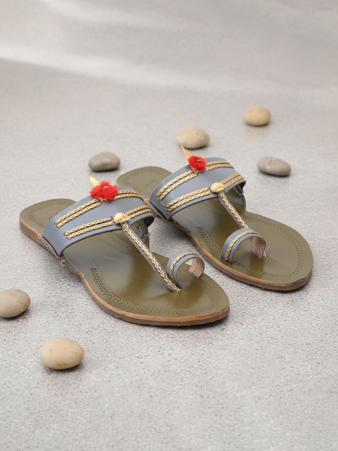 Chic Grey & Olive Kolhapuri Chappals | Handcrafted for Women in India
