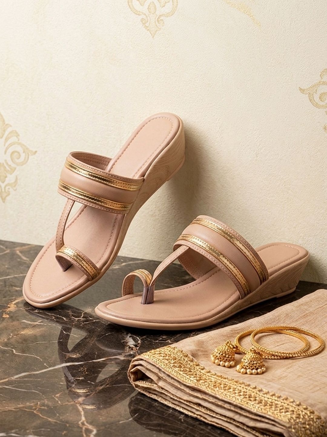 Elegant Kolhapuri Chappals for Women | Gold Accent Wedge Sandals