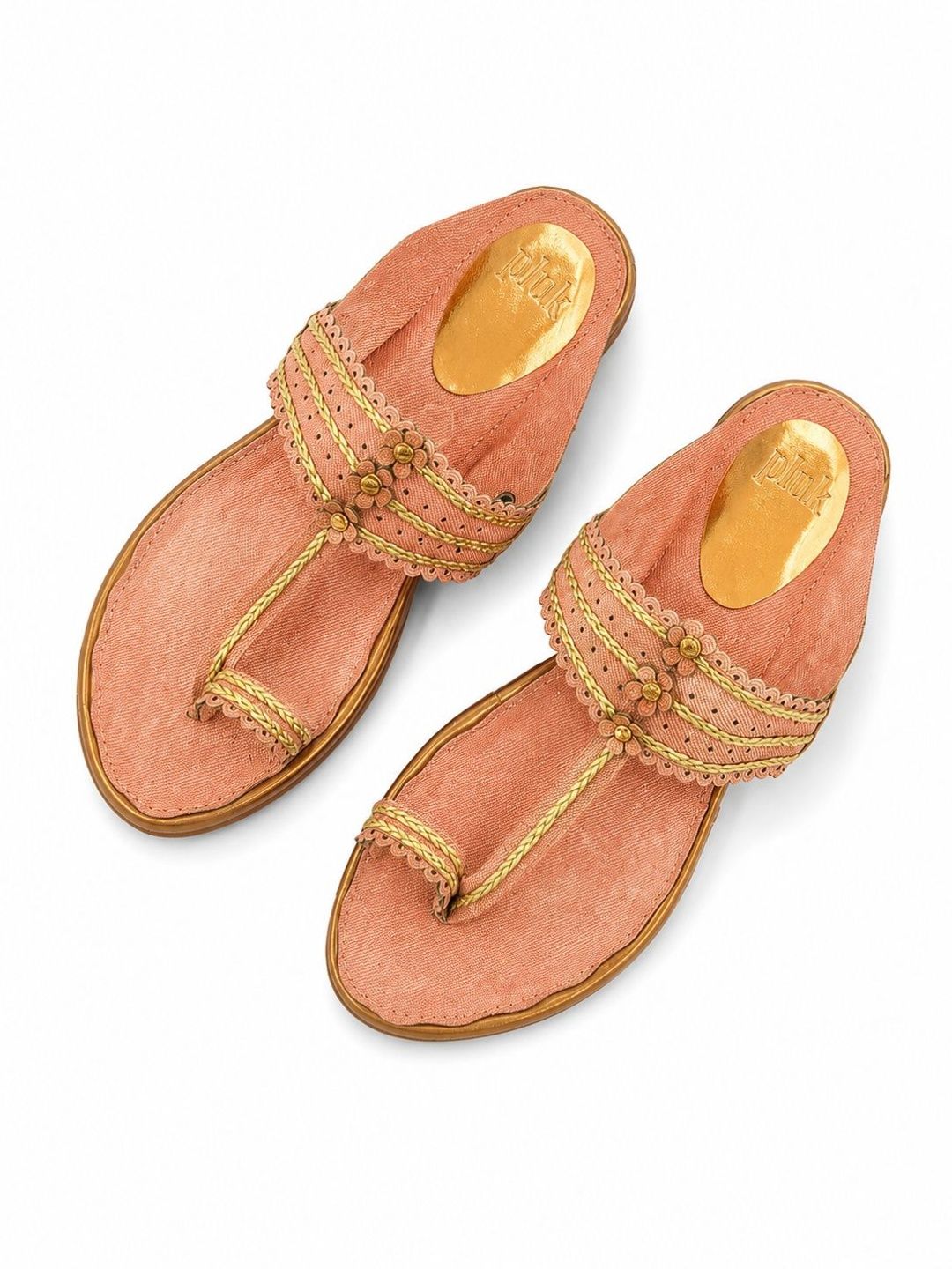 Elegant Peach Kolhapuri Chappals for Women | Gold-Plated Details