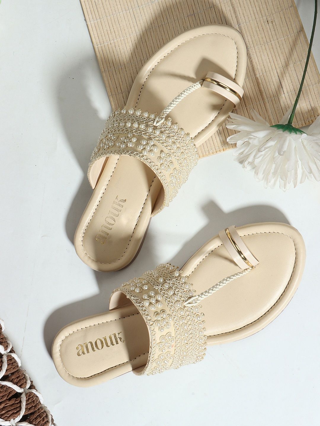 Elegant Pearl & Gold-Tone Kolhapuri Chappals for Women