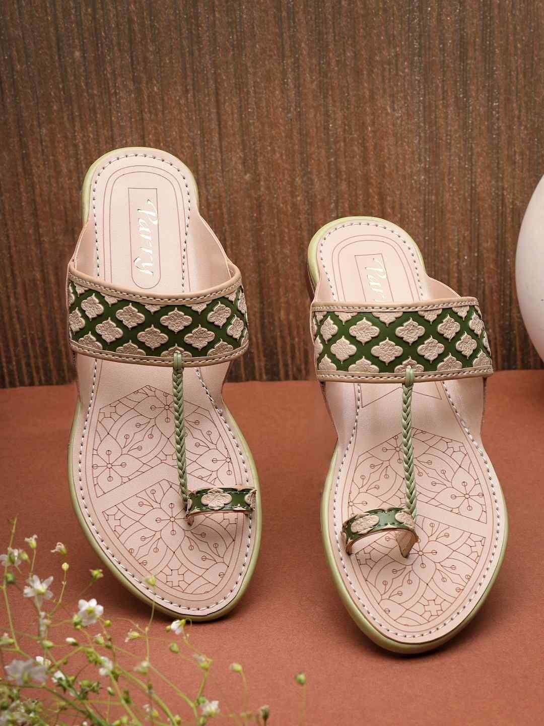 Emerald Elegance: Green Embroidered Kolhapuri Chappals for Women