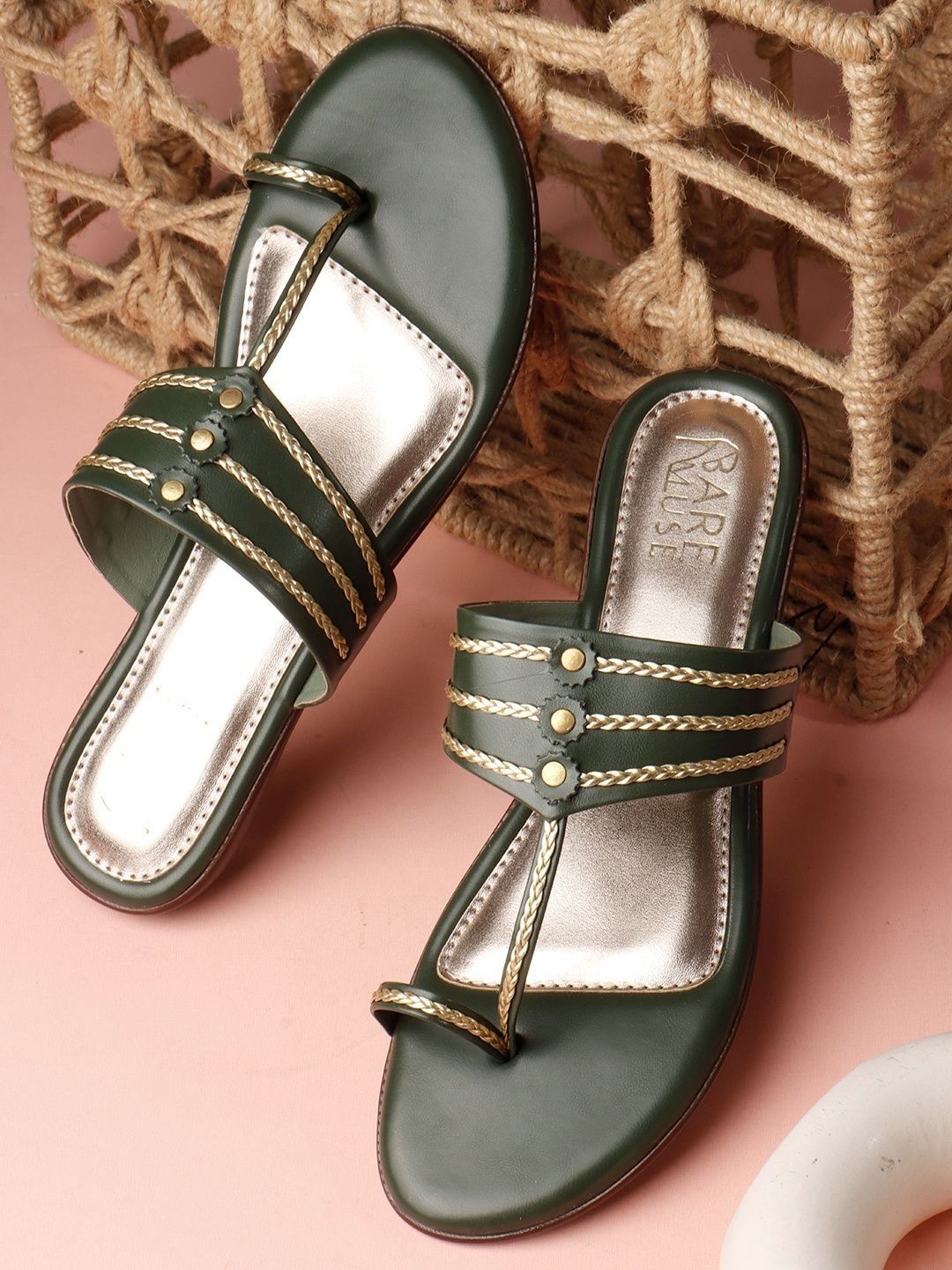 Emerald Elegance: Women's Green Kolhapuri Chappals with Gold Braiding