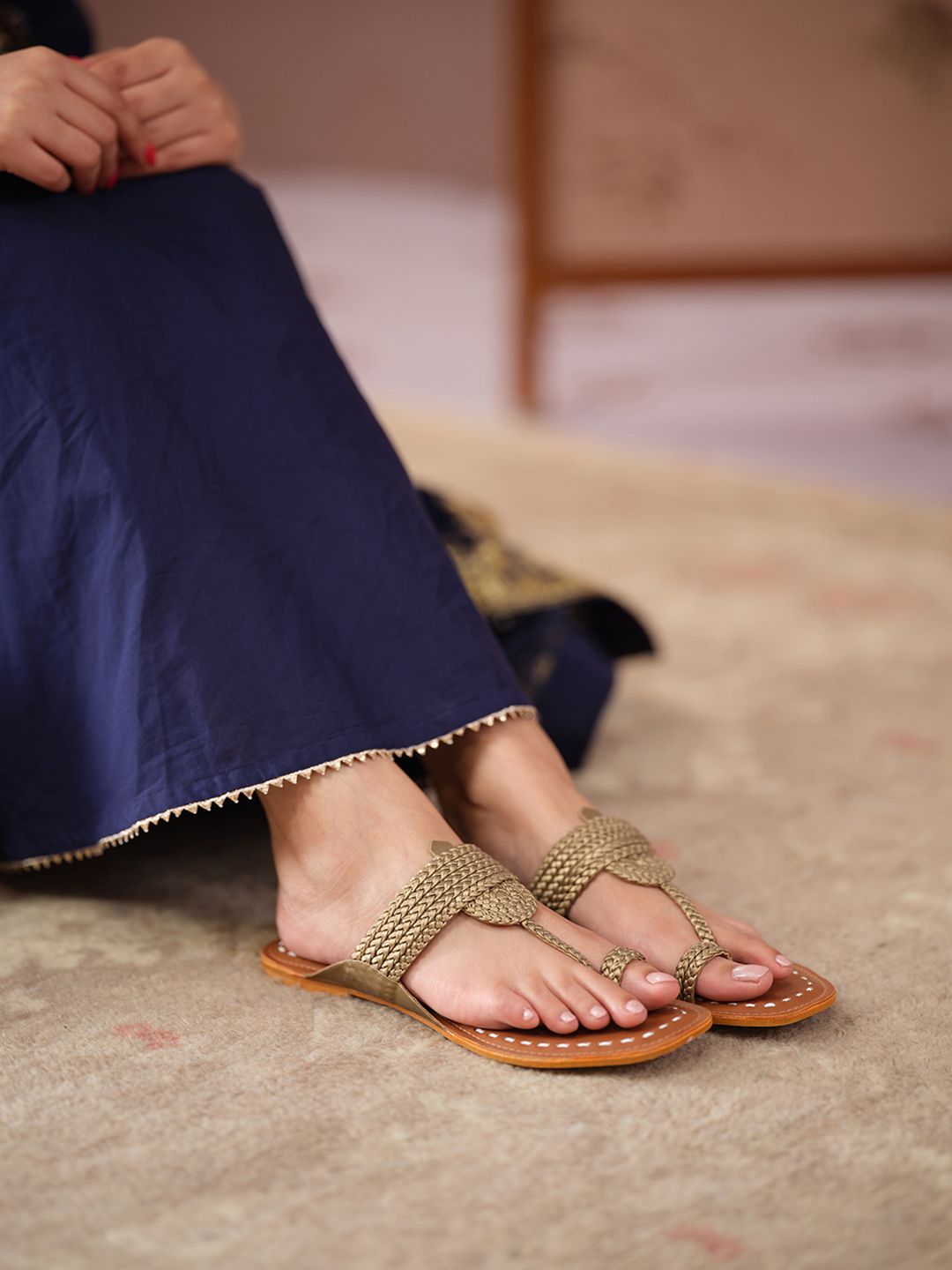 Ethnic Elegance: Handcrafted Golden Kolhapuri Chappals for Women