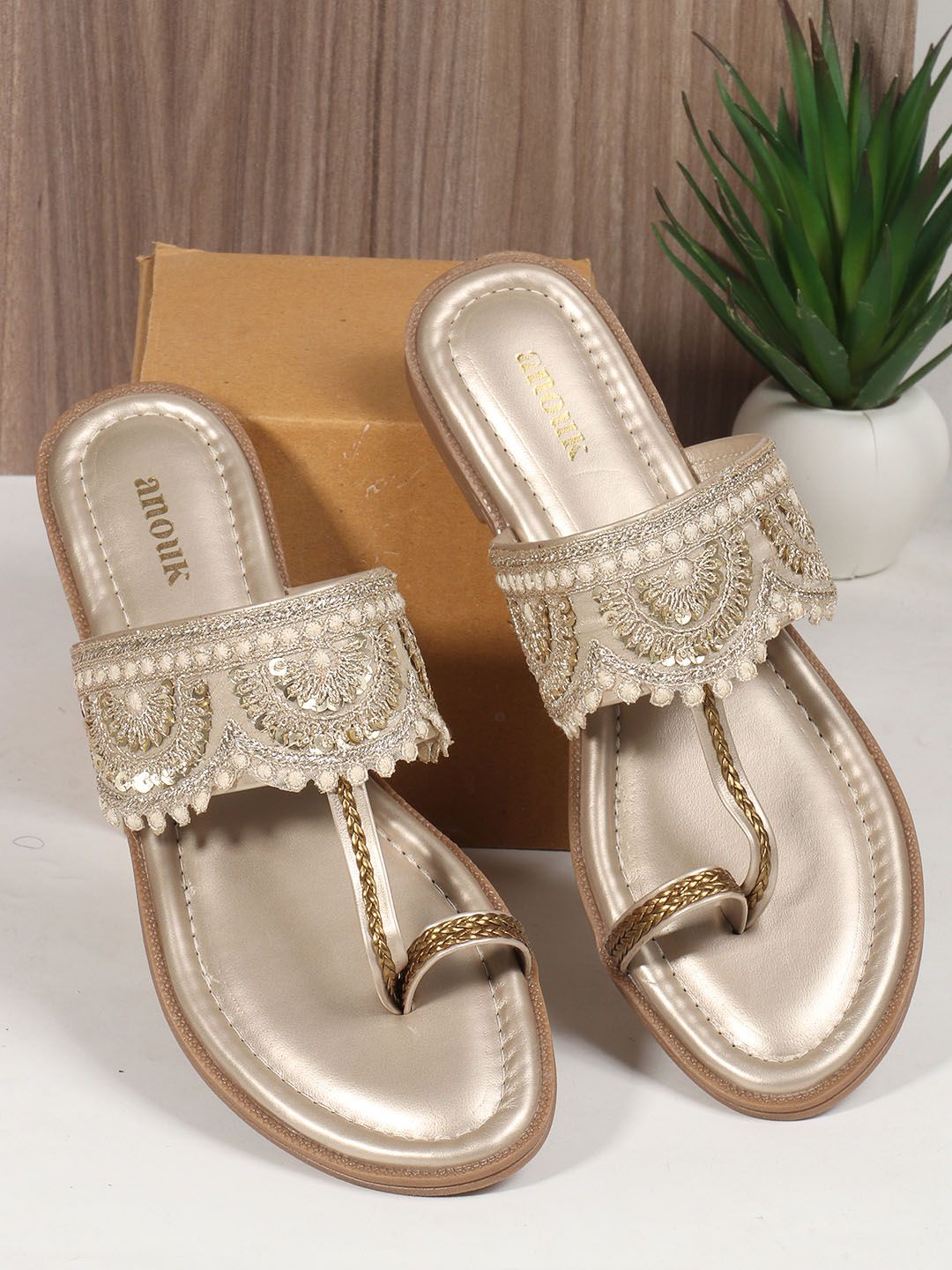 Golden Embroidered Kolhapuri Chappals for Women | Anouk Ethnic Footwear