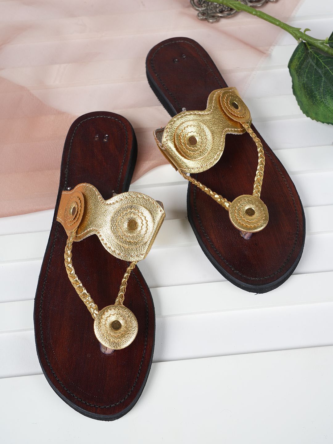 Golden Radiance: Handcrafted Kolhapuri Chappals for Indian Women