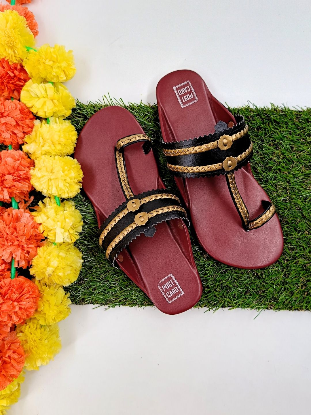 Maroon & Gold Kolhapuri Chappals for Women | Festive Ethnic Footwear