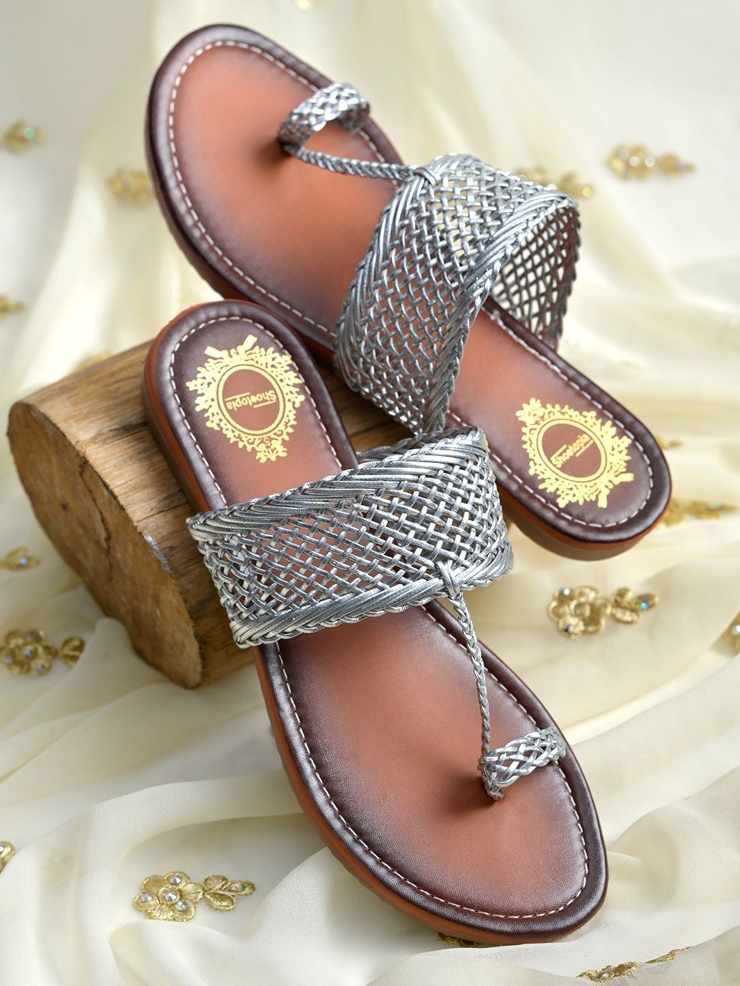 Metallic Silver Woven Kolhapuri Chappals for Women | Indian Handcrafted Footwear