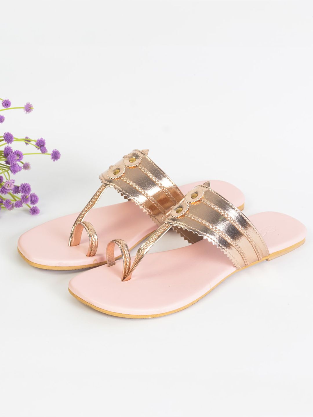 Rose Gold Kolhapuri Chappals for Women: Ethnic Flat Sandals