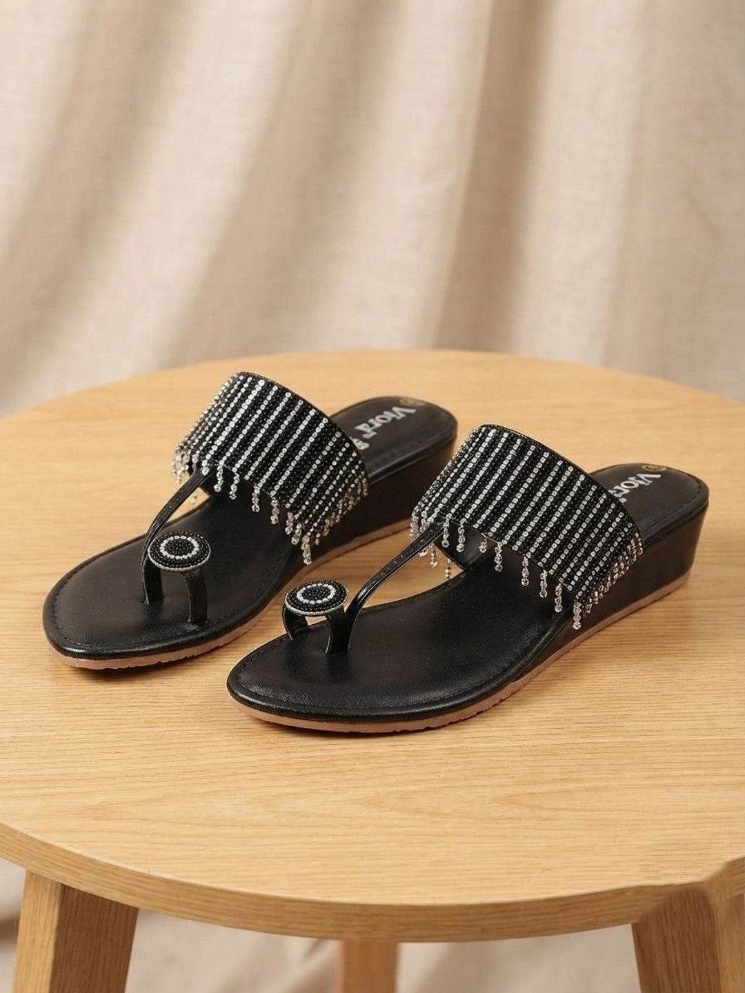 Sparkling Black Kolhapuri Chappals for Women - Beaded & Chic