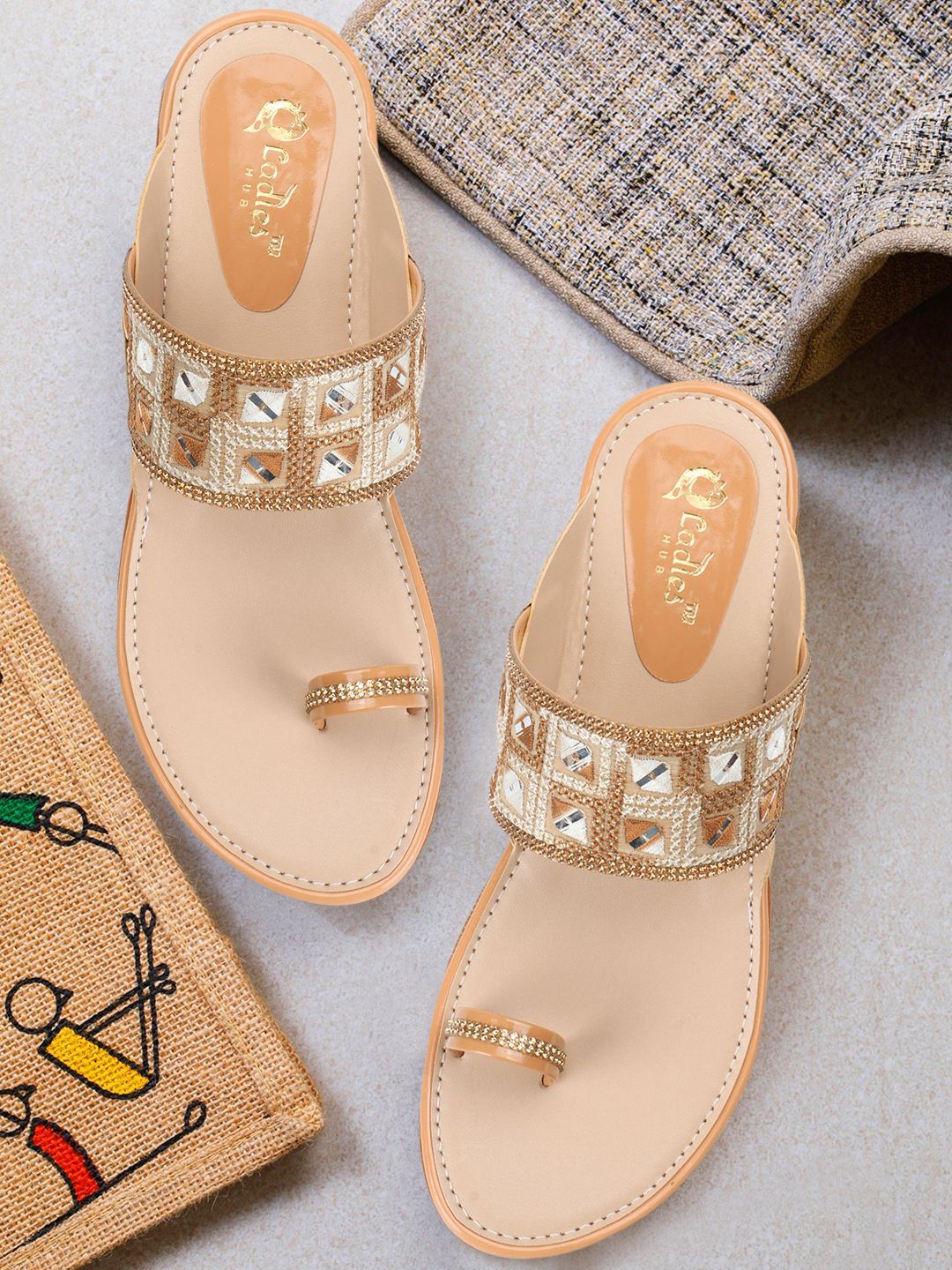 Sparkling Embellished Kolhapuri Chappals for Women | Traditional Beige Flats