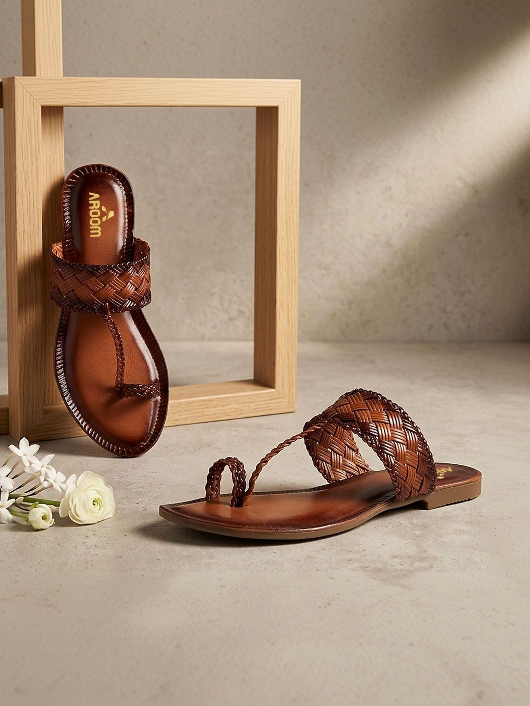 Timeless Elegance: Aroom's Brown Braided Kolhapuri Chappals for Women
