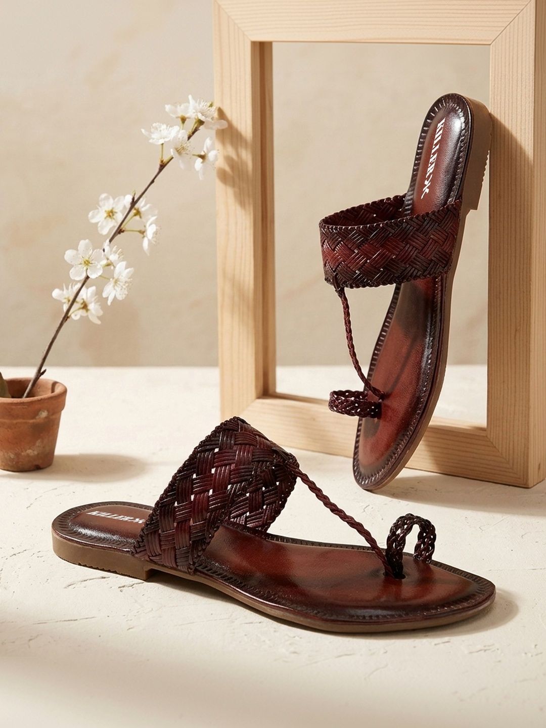 Timeless Elegance: Brown Woven Kolhapuri Chappals for Women