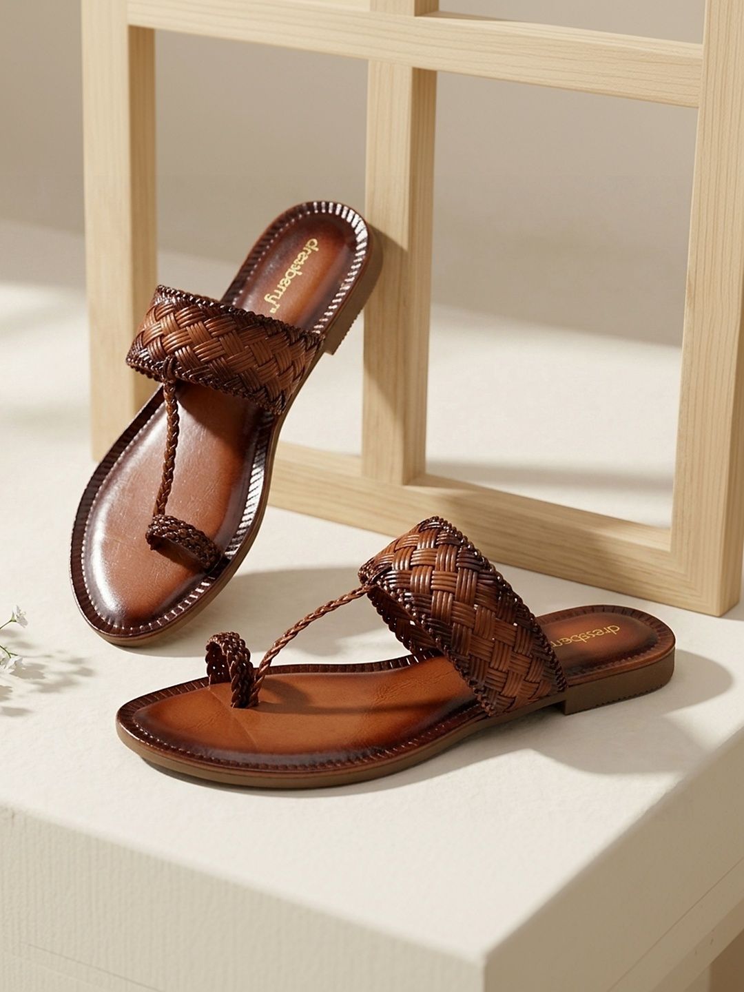 Timeless Style: Brown Woven Kolhapuri Chappals for Women
