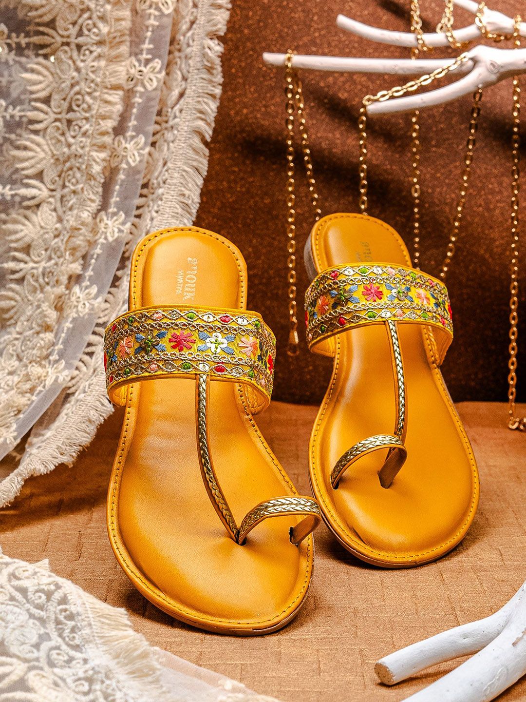 Vibrant Yellow Kolhapuri Chappals: Embroidered Elegance for Indian Women