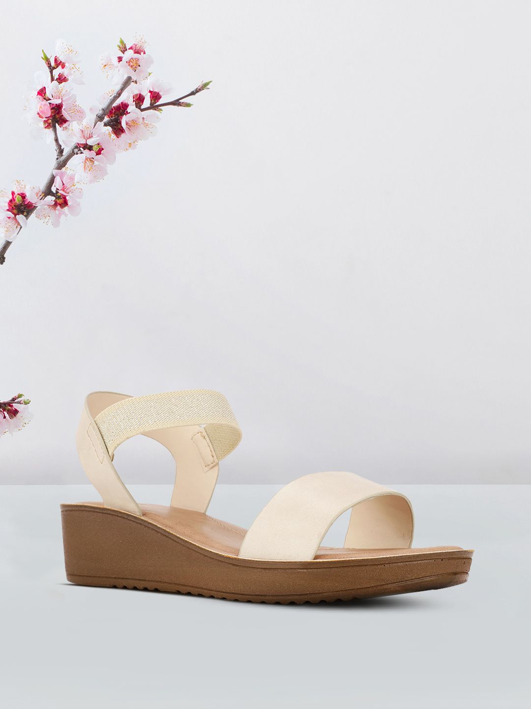 Bata Beige Solid PU Ankle Loop Wedges for Women