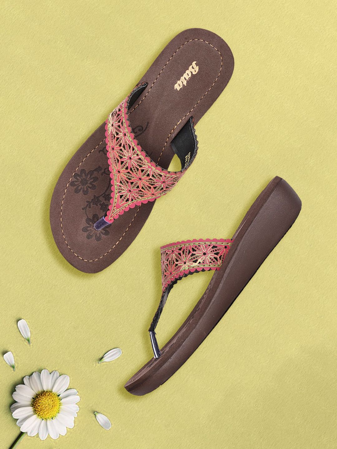 Bata Pink Embroidered Wedges for Women | Stylish & Comfy Indian Sandals