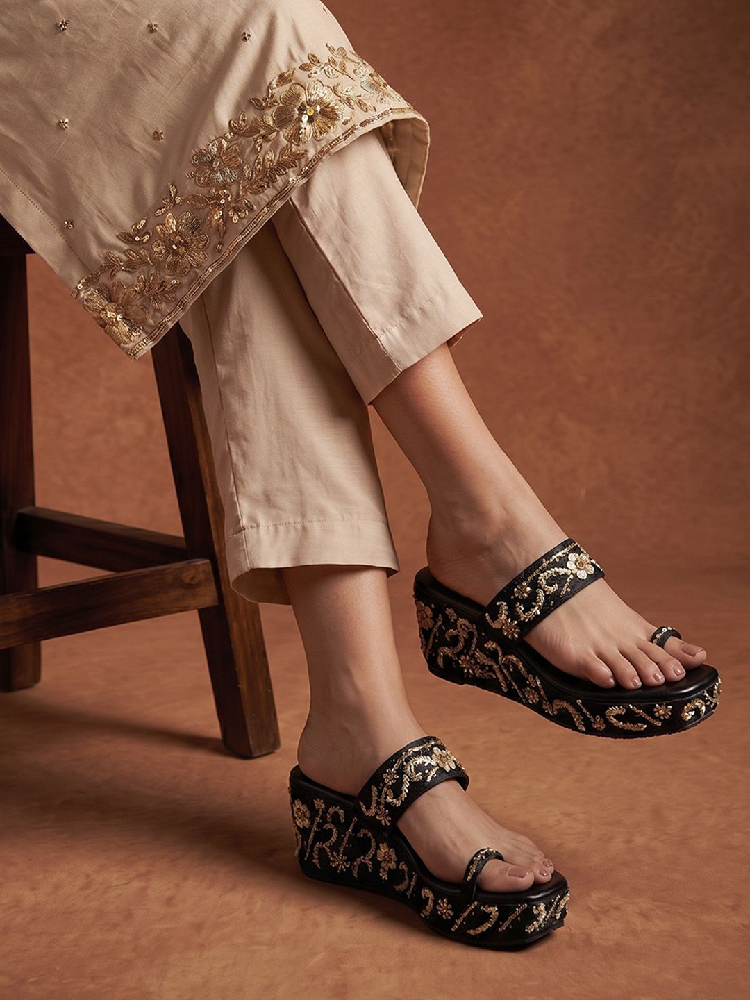 Beaded Ethnic Wedge Heels for Women