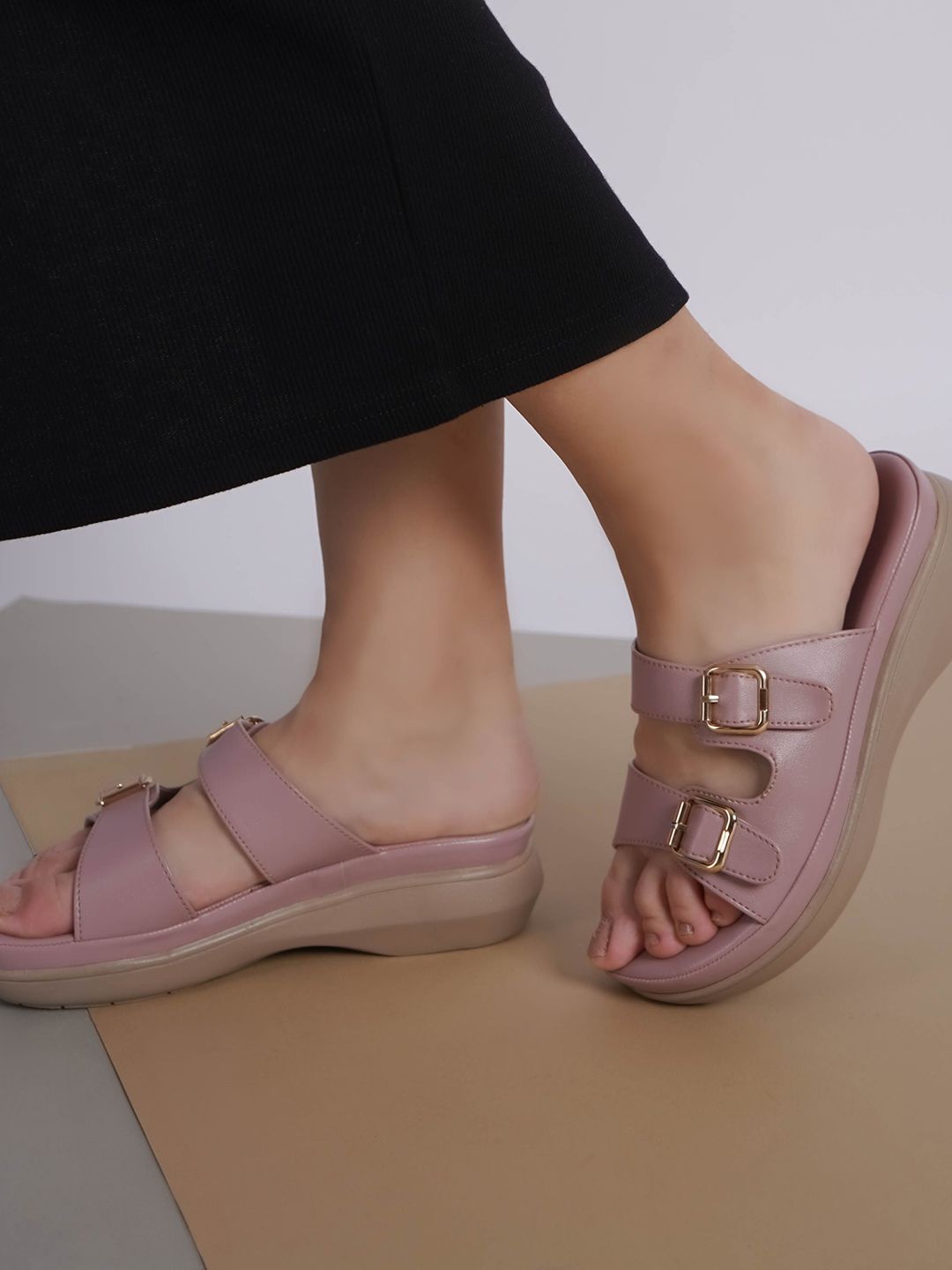 Chic Mauve Wedges for Women: Comfort & Style with Buckle Detail