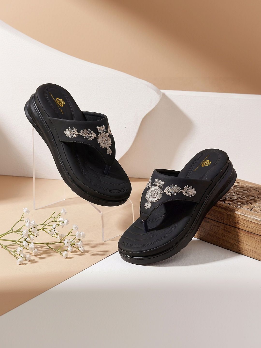 Elegant Black Floral Embroidered Wedges for Women | Step in Style