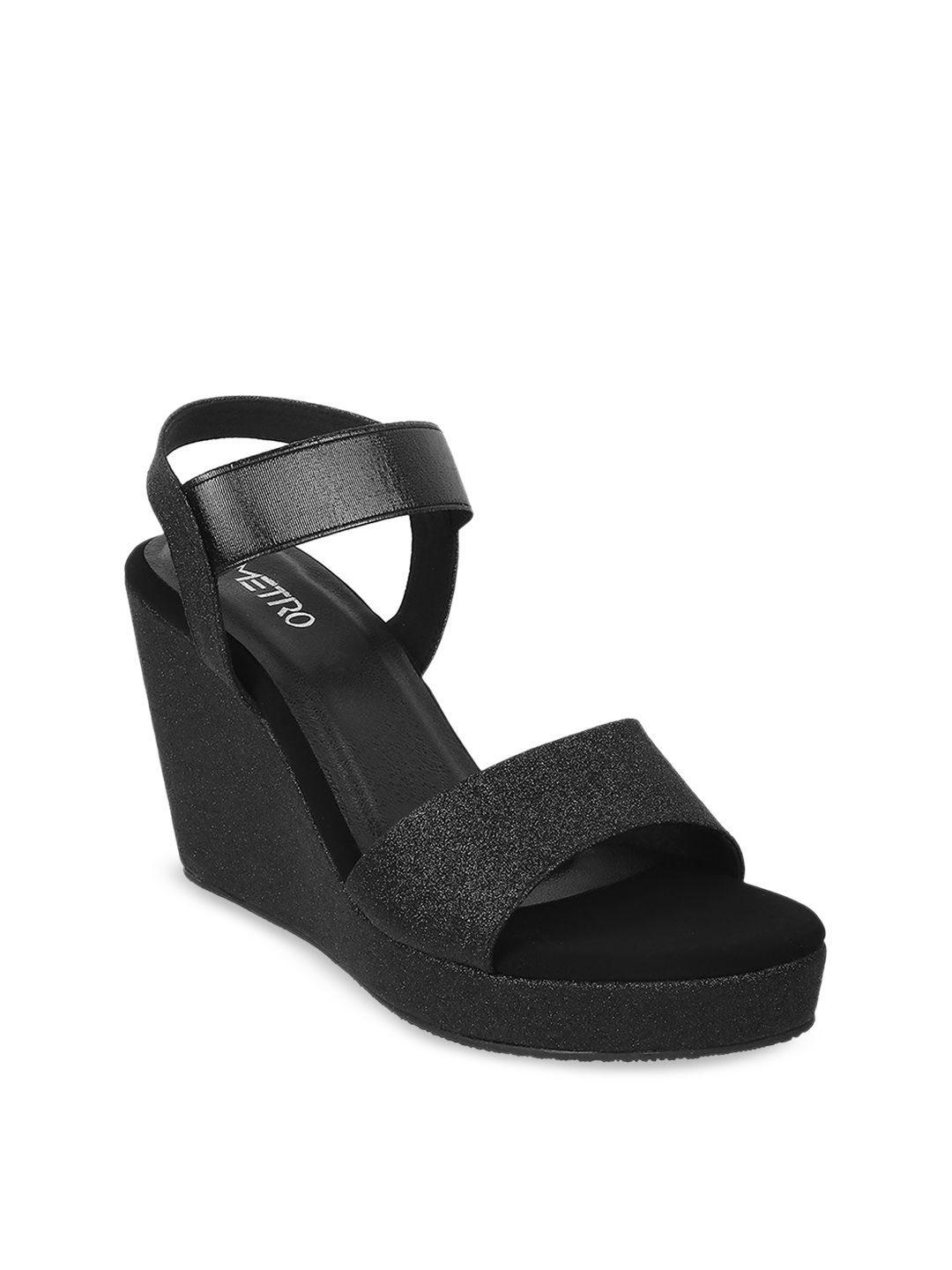 Metro Embellished Black Open Toe Wedges