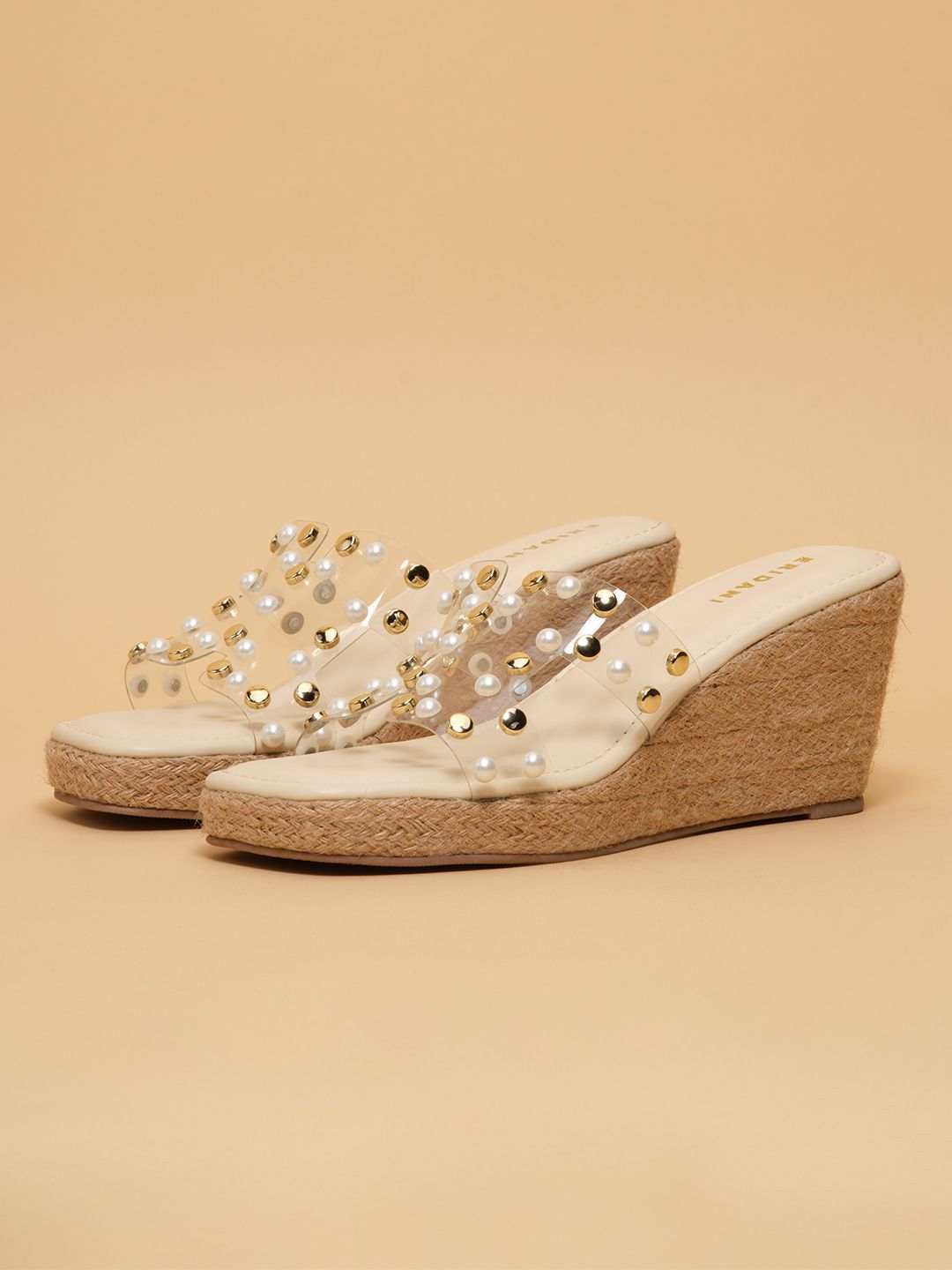 Pearl & Gold-Toned Studded Transparent Wedges for Women | Trendy Espadrille Sandals