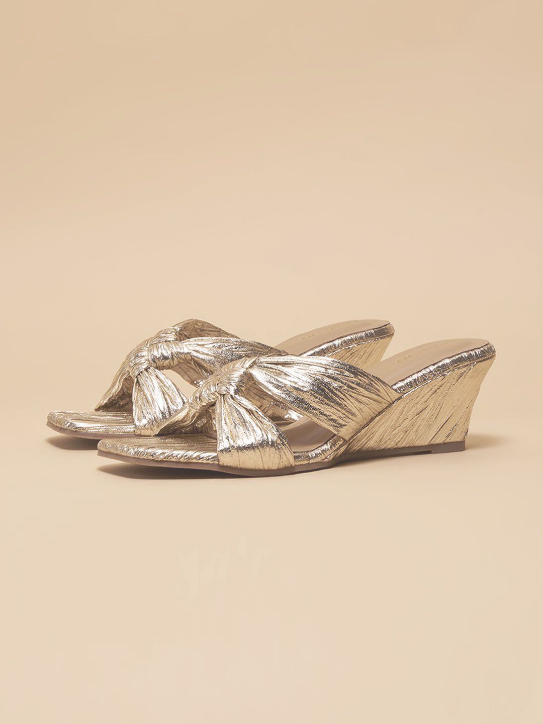 Shimmering Gold Knot Wedges for Women | Indian Party & Festive Footwear