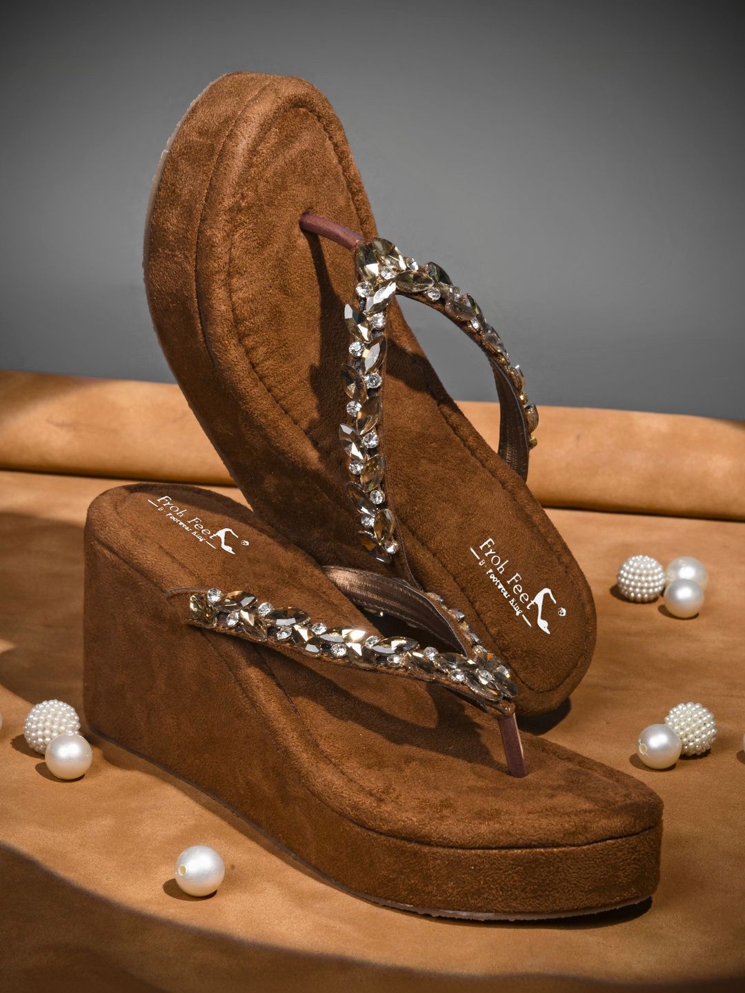 Sparkling Comfort: Froh Feet Embellished Brown Wedges for Women
