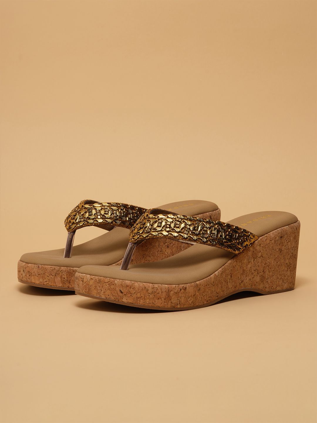 Sparkling Gold Embellished Wedges for Women | Comfort & Style for Every Occasion