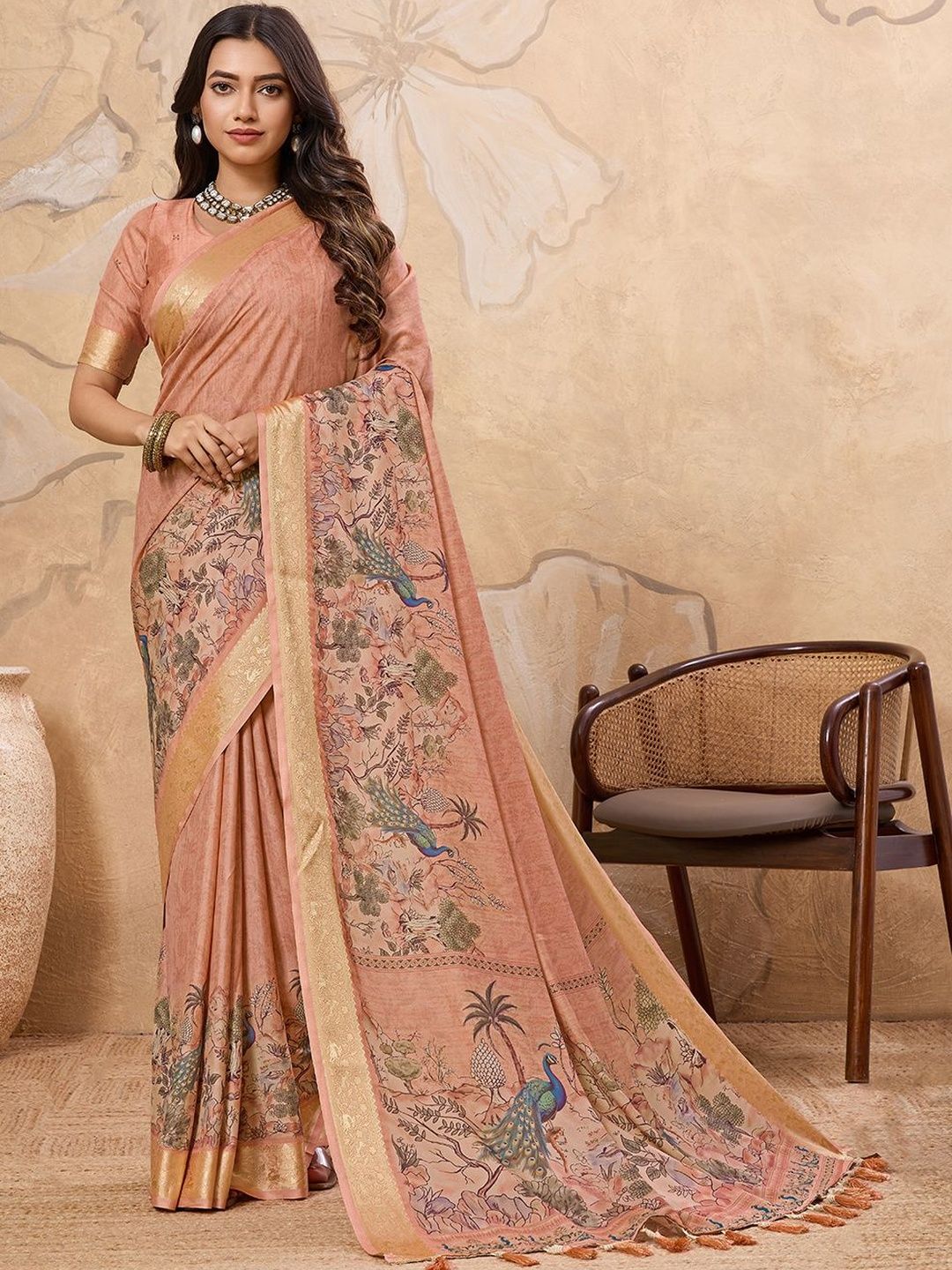 100 Dreams Pure Crepe Zari Border Kalamkari Saree