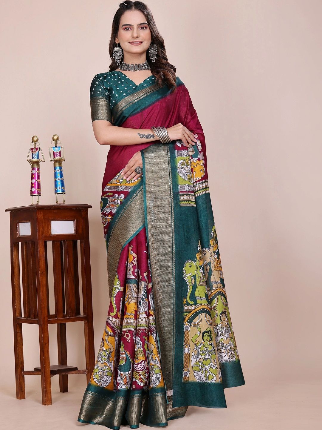 Aangan Silk Zari Cotton Kalamkari Saree