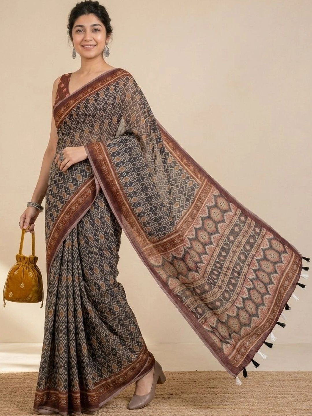 AANVI Block Print Kalamkari Saree