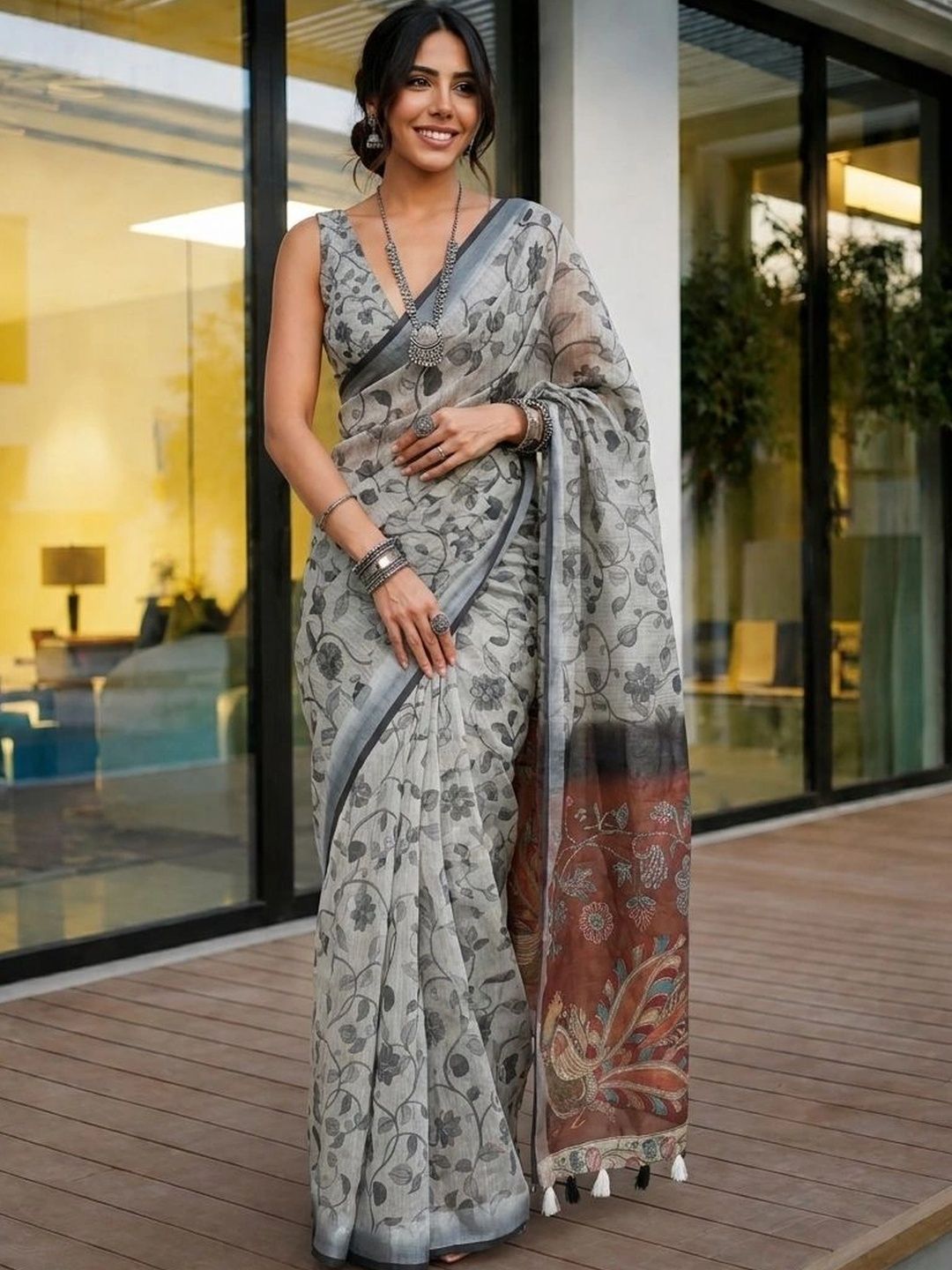 Aanvi Designer Block Print Linen Kalamkari Saree